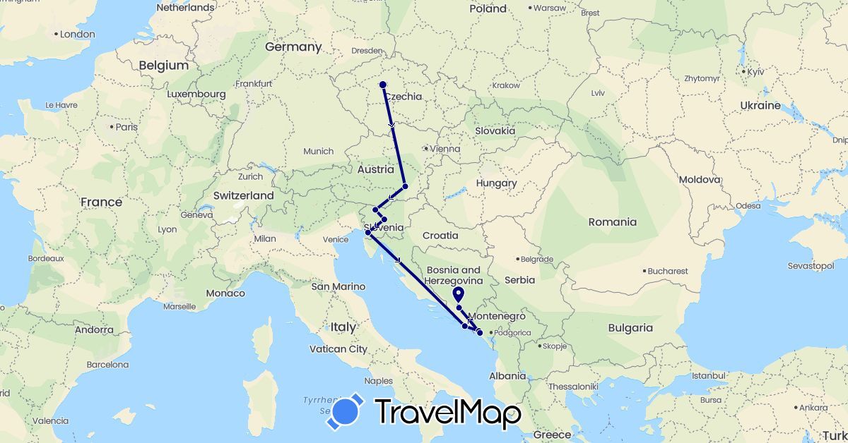 TravelMap itinerary: driving in Austria, Bosnia and Herzegovina, Czech Republic, Croatia, Italy, Montenegro, Slovenia (Europe)